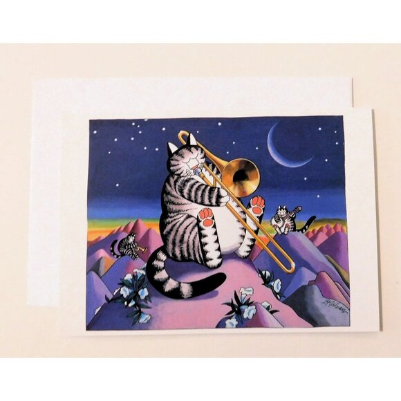 Kliban Cat Playing Trombone By B. Kliban Blank Note Card Envelope 6.75 x 4.75 - Picture 1 of 2